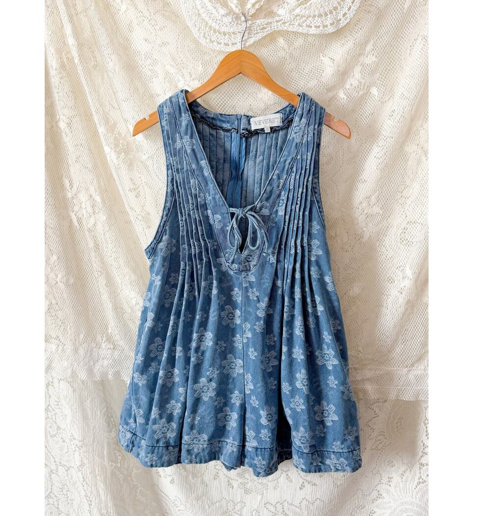 Veveret Floral Front Tie Denim Romper in Blue Floral Print